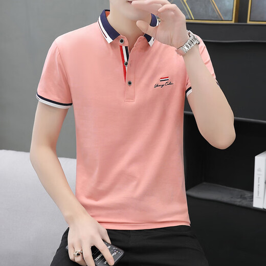 2025 Sommer Revers Kurzarm Casual Poloshirt Herren Trendy Business Slim Halbarm T-Shirt Reine Baumwolle Hemdkragen Rosa Q672 3XL Hübscher neuer Stil