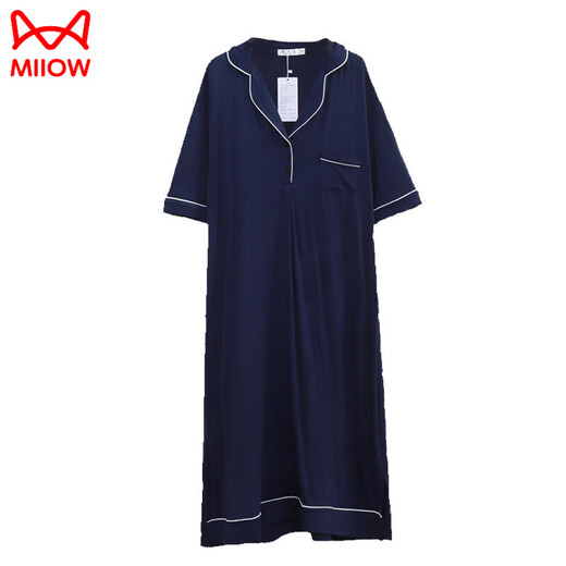 Catman (MiiOW) summer thin modal nightgown for women large size 200 Jin [Jin equals 0.5 kg] plus fat plus large fat long pajamas with chest pad 16802 navy blue chest pad L 130-150 Jin [Jin equals 0.5 kg]