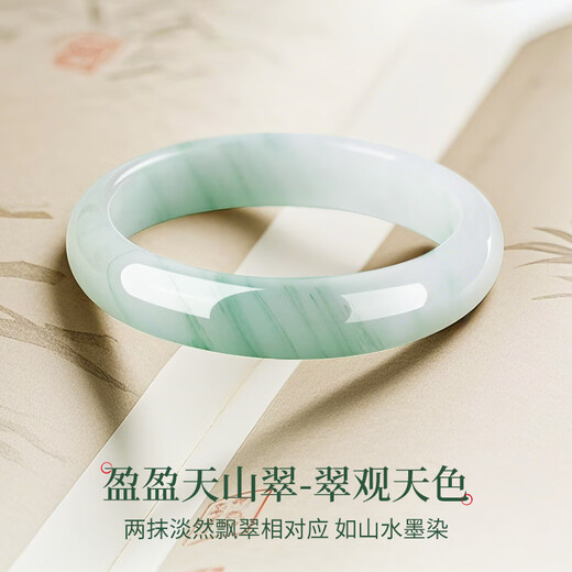 周大金 CHOW TAI KING天山翠玉手镯女士金丝镯子冰透飘花生日礼物送女友老婆走心实用