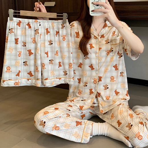 Pajama de primavera y verano de Hanrui para mujeres seda de seda de leche de dibujos animados de tres piezas ropa casera 14118 170 m