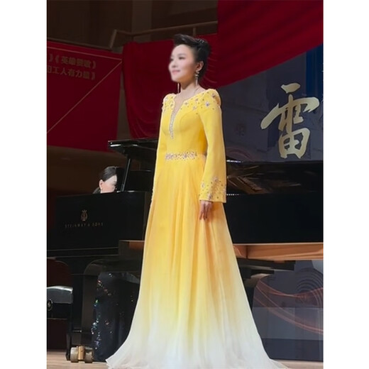 Seasonal solo performance clothing, bel canto dress, heavy beading, evening girl, dignified and elegant, long-sleeved folk song recitation host, yellow L