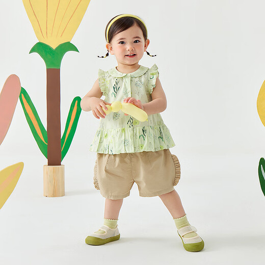 Mini Bara pure cotton breathable girls sweat-free sweet baby doll collar floral sleeveless shirt summer green and yellow tone 00343 120