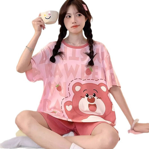Opeodly Pyjamas Damens Sommer Kurzärärmelte Shorts Zweiteiler Set 2025 Neue Sommerstudent Cartoon Home Kleidung für Outdoor-Kleidung 684 Riemenbär 3xl [Empfohlen 150-172jin [Jin gleich 0,5 kg]]
