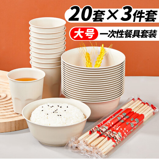 Youao disposable tableware set 20 sets thickened bowls, cups and chopsticks three-piece outdoor picnic waterproof and oil-proof set