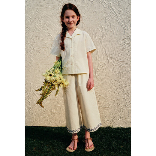 ELLE KIDS children's clothing French embroidered short-sleeved shirt for girls summer new Cuban collar vacation style top, goose yellow 160 (S)