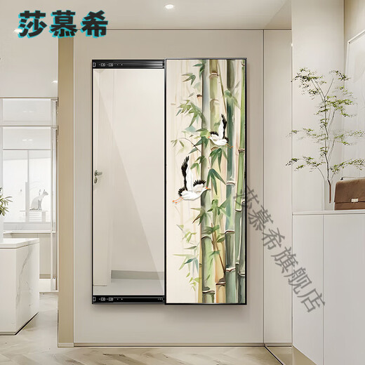 莎慕希（SHAMUXI）竹报平安客厅隐藏式全身镜装饰画新中式玄关镜子挂画卧室穿试衣镜 WH-725-E-竹报平安 50*150+晶瓷防刮+左推拉