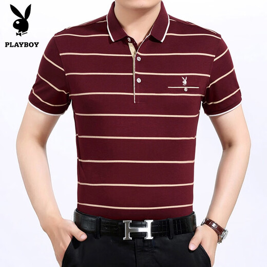 Playboy brand pure cotton middle-aged short-sleeved T-shirt for men's real pocket daddy's lapel POLO shirt men's t-shirt loose shirt 3195 red [short] L 17084A Recommended 120-140Jin [Jin equals 0.5 kg]