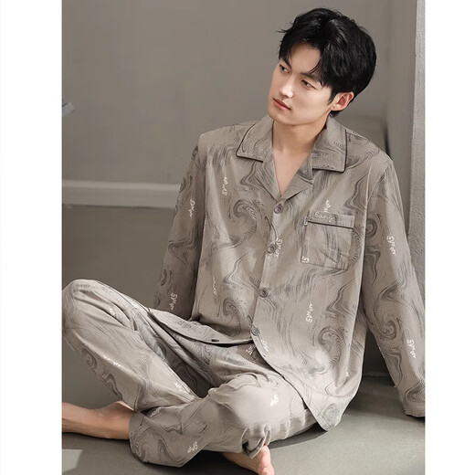 HWHE light luxury brand pajamas men's 2025 spring and autumn new pure cotton long sleeve large size thin style for outdoor wear home clothing set 13063 picture color M (165 size) recommended height about 165, body