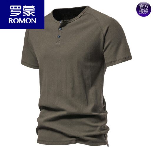 罗蒙（ROMON）欧美简约亨利领短袖T恤男复古纯棉运动健身打底衫个性弹力体恤潮 浅灰色 2XL 【150-160斤】