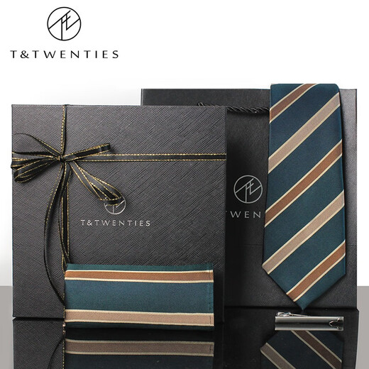 T&Twenties老钱风绿色真丝条纹领带口袋巾领带夹商务套装礼盒男手打棕色斜纹 【领带+领带夹+袖扣】套组641_挪