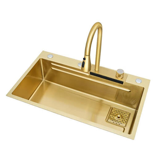 Ye Yu Golden Kitchen Sink Luxury 304 Rainfall Waterfall Kitchen Wash Basin Large Single Slot Golden Thickened Handmade Basin 68*45 Standard Package A