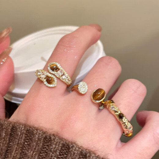 Buck Lemelard Zirconia Tiger Eye Open Ring Women's Niche Versatile Design Index Finger Ring Fashionable and High-end Hand Accessories Ring - Gold - Style 1