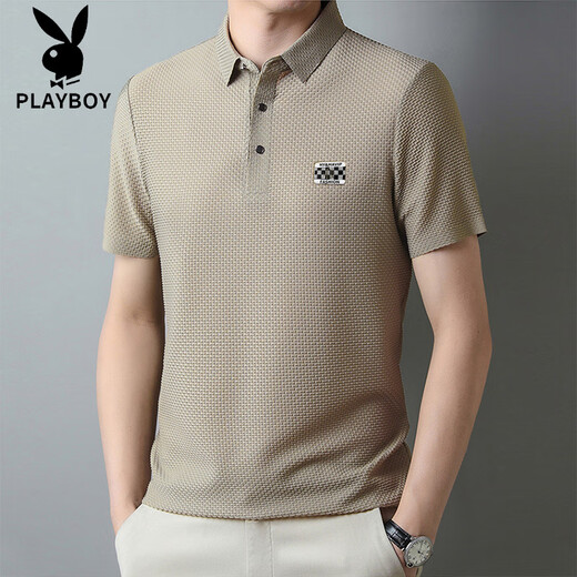 Playboy (Playboy) Camisa Polo Camiseta de manga corta 2025 Summer delgada Seda de seda fría Textura de solapa informal de mediana edad Camiseta 6176 Caki XL