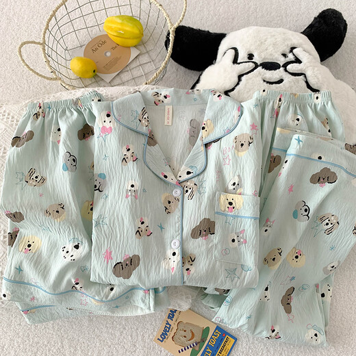 京濮飞蜡笔小新夏季女款薄款棉短袖长裤家居服三件套 云朵棉-9905#黑爱心三件套 M 【建议75-100斤】
