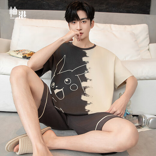 Yougang pajamas for men in summer short-sleeved pure cotton thin style for teenagers in summer can wear outside and add fat to increase the size of men's home clothes. 1503 XL (175cm recommended weight 130-155)