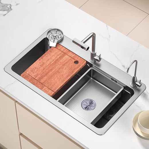 Kohler (KOHLER) SUS304 thickened brushed stainless steel home kitchen handmade sink large single tank above and below the counter silver square cover 6545 large curved faucet package D