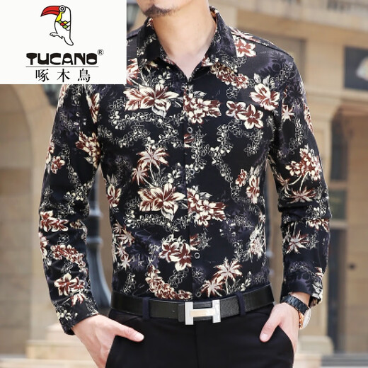啄木鸟（TUCANO）夏季青年男士短袖衬衫中年大花印花t恤男纯棉半袖碎花花衬衣薄款 882黄色 M 165建议100-125斤