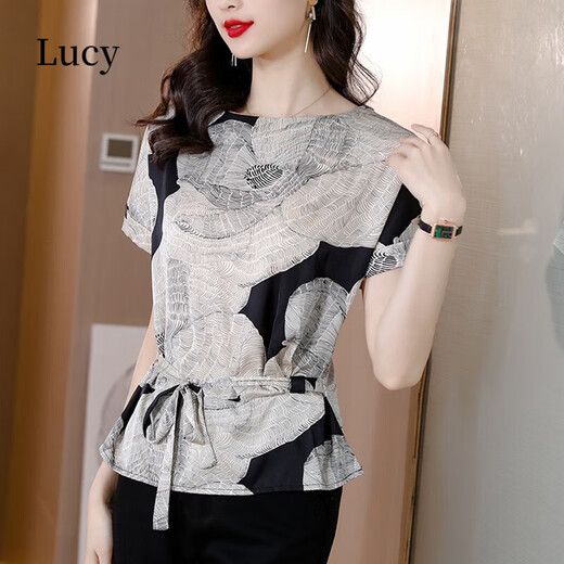 Lu Yiji Seiden kurzärmeligte T-Shirt für Frauen 2025 Sommer Neues modisches und modisches kleines Hemd High-End Mulberry Seiden Top 9856 Navy M.