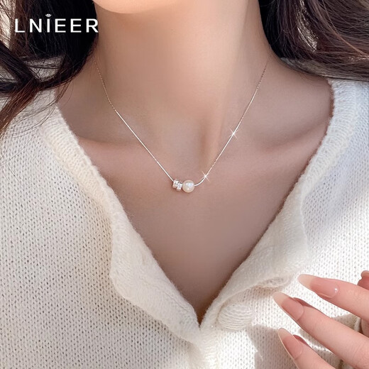 Lnieer S925 Silver Minimalist Freshwater Pearl Snake Bone Necklace Feminine Light Luxury Niche High-end Clavicle Chain Birthday Gift Freshwater Pearl Necklace S925 Silver