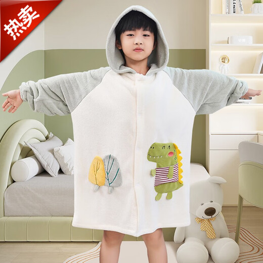 Baifei bath towel can be worn and wrapped around boys and girls bath skirt cloak long-sleeved water-absorbent quick-drying non-pure cotton water-absorbent children's bathrobe children's bathrobe-Green Dinosaur (large size) suitable for height
