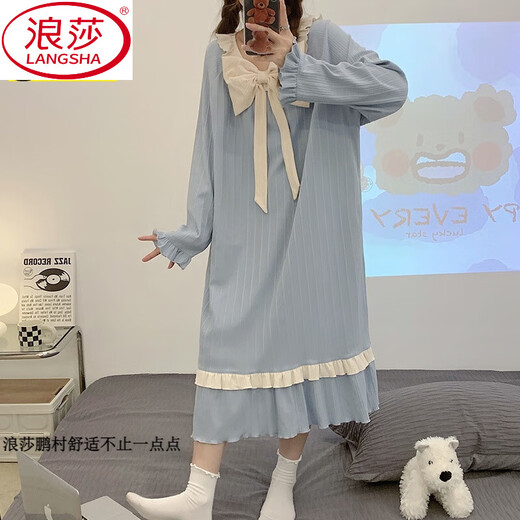 
LangSha (LangSha) bow sweet nightgown for women in spring, autumn, winter and summer long-sleeved thin cotton 2025 new large-size pajamas for women home clothes 16863 green eyes [without chest pad] M 160