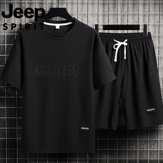 JEEP SPIRIT Jip Waffle Casual Set Men's Summer Teen Large Size Men's Sports Short Sleeve Shorts Two-Piece Set 829-Gray 2XL 160-180Jin[Jin equals 0.5 kg]