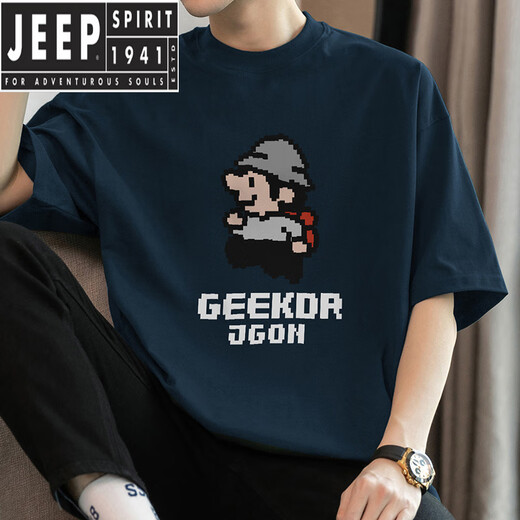 Jeep Spirit260g Camiseta de manga corta pesada Top de cuello redondo de gran tamaño con algodón de algodón con estampado de píxeles M09-693 Black L