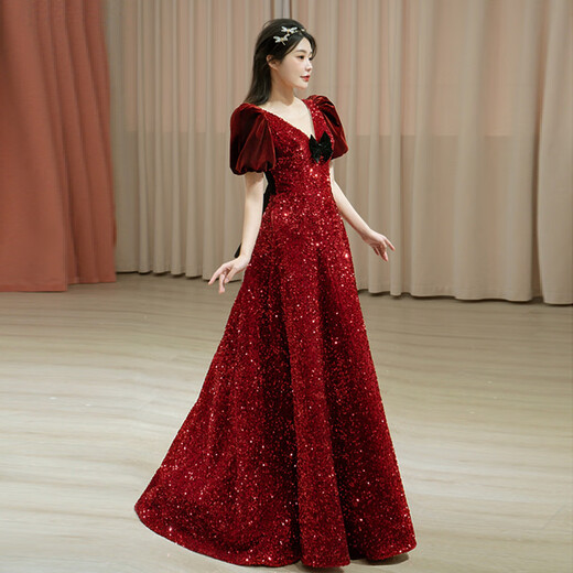 Toasting clothing new high-end light luxury fugitive princess burgundy sequined slim collar bride wedding engagement clothing burgundy (short-sleeved) XL