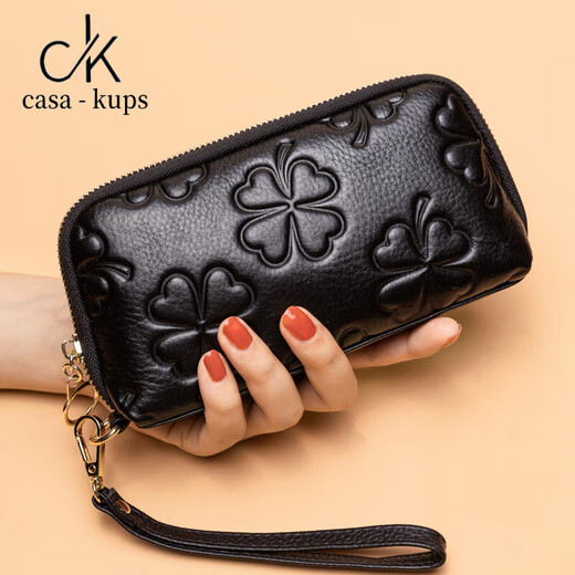 casa-kups钱包女长款2024新款时尚手拿包头层牛皮手机拉链包四叶草手包 黑色