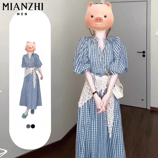 棉致法式蓝色格子连衣裙女夏季2025新款收腰显瘦高级感宽松格纹长裙 1853蓝格【不含围巾高品质52】 L 120-130斤