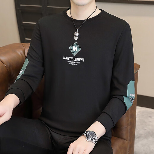 常缕竺男士薄款卫衣春秋新款圆领打底衫中青年时尚长袖T恤衫百搭潮流 焦糖XQ9905【不加绒】 L