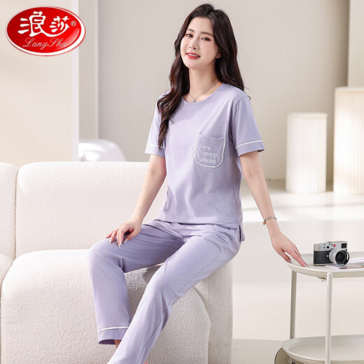 浪莎（LangSha）高档睡衣女薄款2025年新款纯棉短袖长裤家居服套装夏天棉可外穿 7374豆沙粉 M 80-100斤