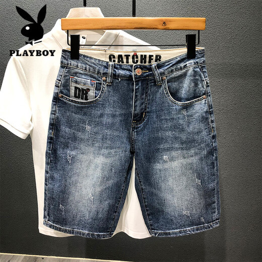 花花公子（PLAYBOY）2025夏季牛仔中裤印花潮牌复古怀旧洗水韩版修身五分裤弹力短裤男 9902款 31