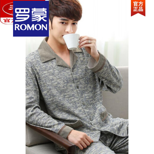 罗蒙（ROMON）睡衣男士春秋纯棉长袖可外穿全棉大码薄款秋季家居服套装精选高品 834满地 5XL 数