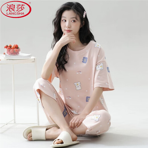 浪莎（LangSha）睡衣女夏季薄款短袖七分裤2025年新款休闲舒适女士家居服两件套装 7029# L 【推荐95-115斤】