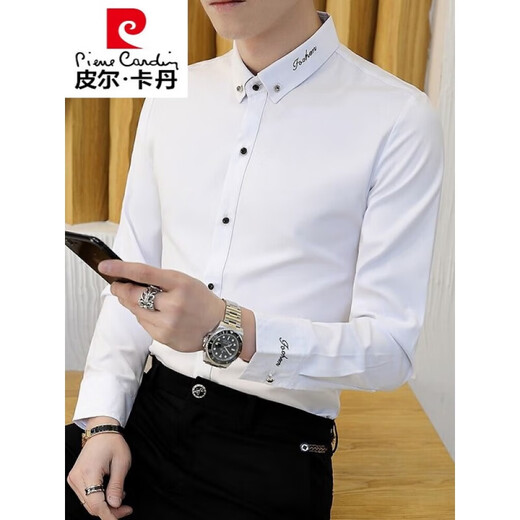Pierre Cardin Spring y Autumn White White White Camiseta para hombres de manga larga para hombres Casual 2025 Nuevo bordado de pulgadas negras CS829 Negro L 100-115Jin [Jin equivale a 0.5 kg]