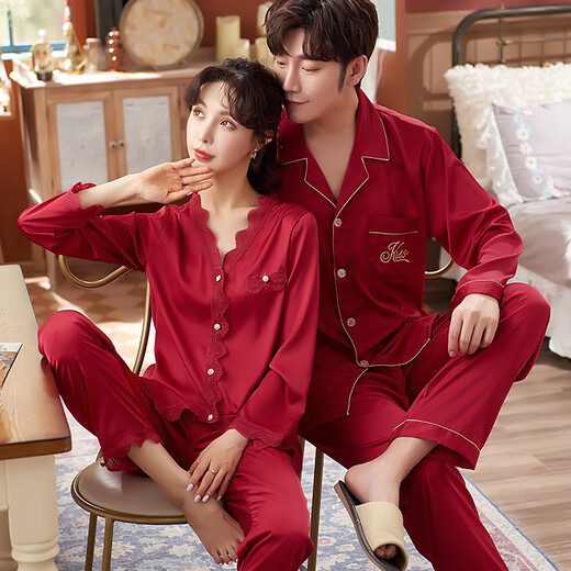 Modal wedding pajamas, newlywed couple suit, zodiac year ice silk spring and autumn red long-sleeved women and men pair of home clothes J-608 male J-105 female wine red M female