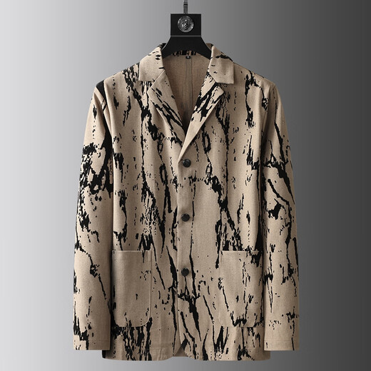 DK high-end men's linen suit suit men's spring and summer thin personalized printed trendy handsome casual suit two-piece set black M