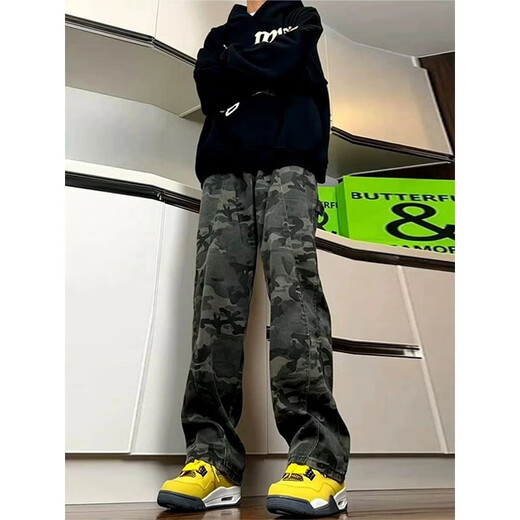 Digada Camouflage Hosen für den Frühling und den Herbst im Sommer für Männer, neue schlanke Lumberjack American High Street Gerade-Flüssigkeits-Jeans DFFS-671 Camouflage XL