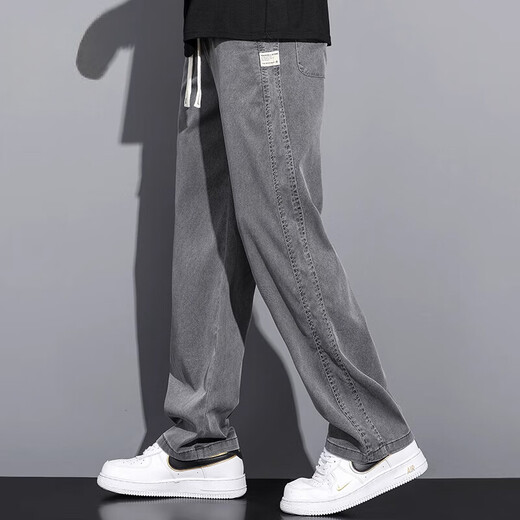 Fog Sky Ice Seide Jeans für Jungen Sommer dünne lässige Hose lose breite Beine gerade Hosen Frühling und Herbststil Zughosen HS-1048 GRAY M (Empfohlen 90-110Jin [Jin gleich 0,5 kg])