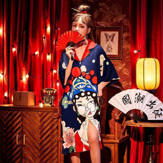 FHHUABD新中式国潮晨袍婚礼新娘伴娘团搞怪睡衣夏季冰丝凉爽睡裙家居服 国潮702短袖墨绿 M 建议80斤-110斤