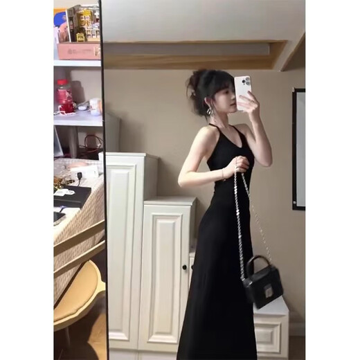 XIANXIU 1391 Vestido de cabestro de cuello estilo recompra para mujeres en verano negro con cintura con almohadilla de pecho de falda larga (con almohadilla de pecho) s