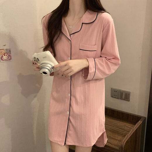COLORFUL GEMS bean paste color pajamas for women new long-sleeved nightgowns for home clothes spring, summer and autumn boyfriend style 681# bean paste color shirt skirt 175 L (95-110Jin[Jin equals 0.5 kg])