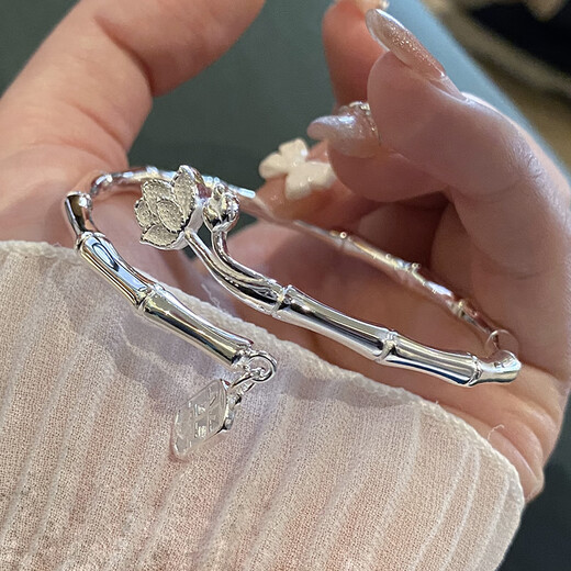 Fat Donglai Quality Chain Silver Bracelet Bamboo Lotus Silver Bracelet Women's S999 Bracelet Open Silver Bracelet Niche Years Bamboo Peace (Gift Box Certificate)