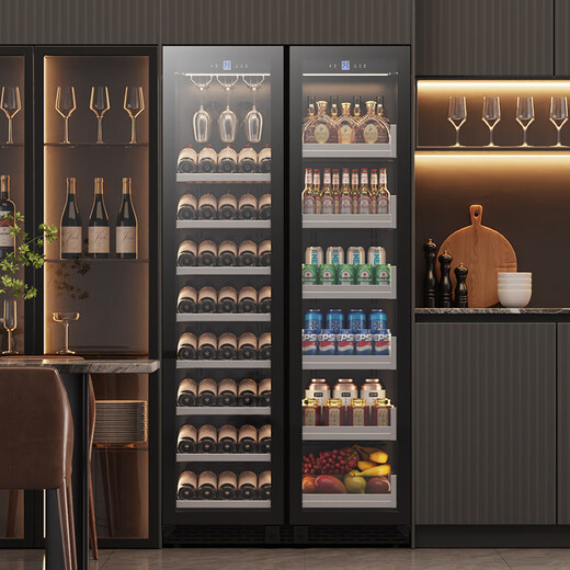 Bai Kailun double-door wine cabinet with constant temperature and humidity double-door light luxury ultra-thin seamless embedded home air-cooled frost-free villa tea beverage liquor wine fruit preservation refrigerated display cabinet 1.8 meters丨Dual temperature zone丨Double ice bar丨 680L thick section