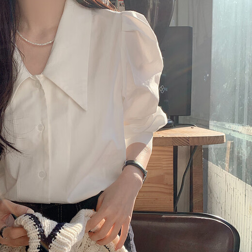 Plain brocade long-sleeved white shirt women's white shirt spring and summer high-end professional formal wear interview student commuter style white shirt lapel long-sleeved shirt white L recommended weight 110-130Jin Jin equals 0.5 kg