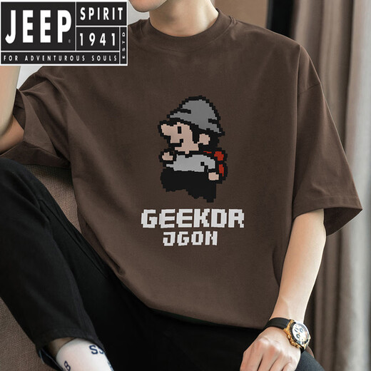 Jeep Spirit260g Camiseta de manga corta pesada Top de cuello redondo de gran tamaño con algodón de algodón con estampado de píxeles M09-693 Black L