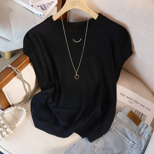 Seda Cypress Sweater Short Knit 2025 Summer Nuevo metal de cuello redondo simple para mujeres