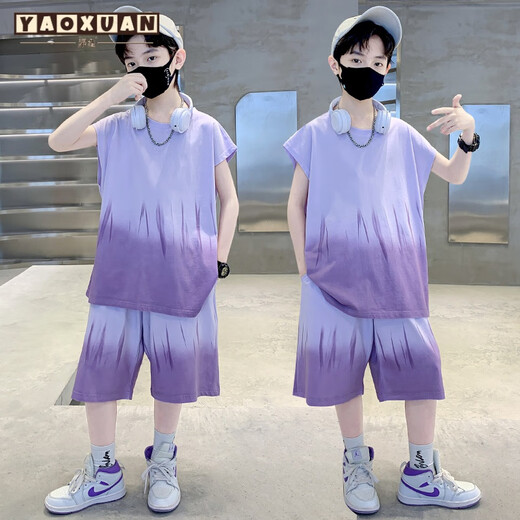 Yaoxuan Boy ärmelloses Anzug Baumwoll modische 2025 neue mittelgroße Kinder Wide Schulter-Gradient Cool Weste Shorts Zweiteiler TZK695 Green [Set] 120 cm
