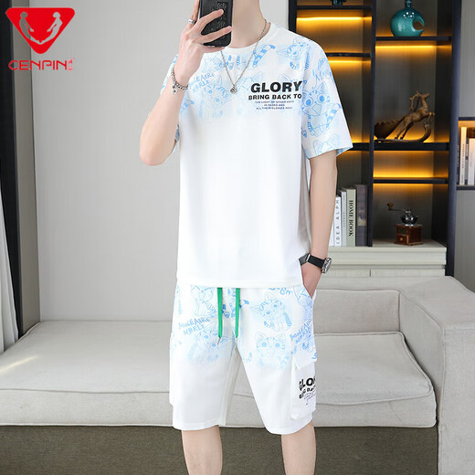 CENPIN品牌2025夏季新款短袖套装男青少年百搭短裤休闲运动两件套渐变色 6187蓝色 M